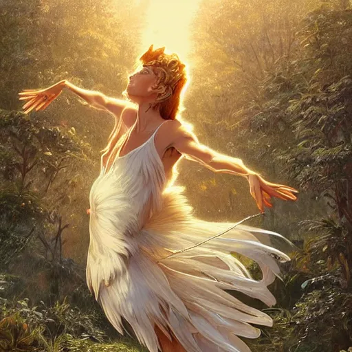 Image similar to clear portrait of bird, adorable appearance!!!, golden hour, happy apearance, cottagecore!!, background hyper detailed, character concept, full body, dynamic pose, intricate, elegant, highly detailed, digital painting, artstation, concept art, smooth, sharp focus, illustration, art by artgerm and greg rutkowski and alphonse mucha