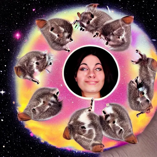 Image similar to thousands of chinchillas floating in space, woman's face floating in the center of the universe