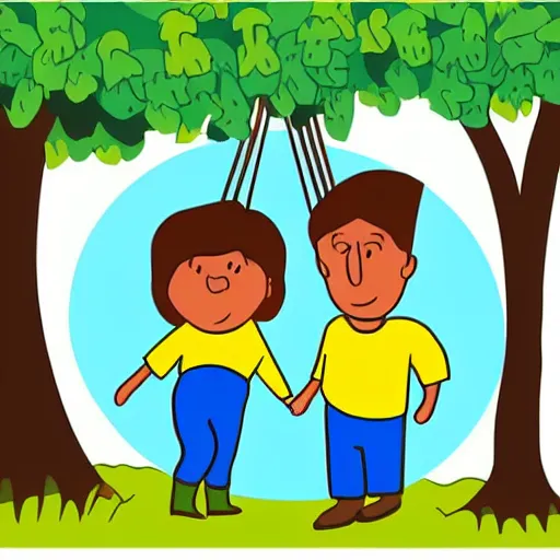 Image similar to a cartoon illustration of mom dad and kid who are shaped like a circle, pushing their kid on a tree swing. bold colors, indigo, mustardy yellow, pea green