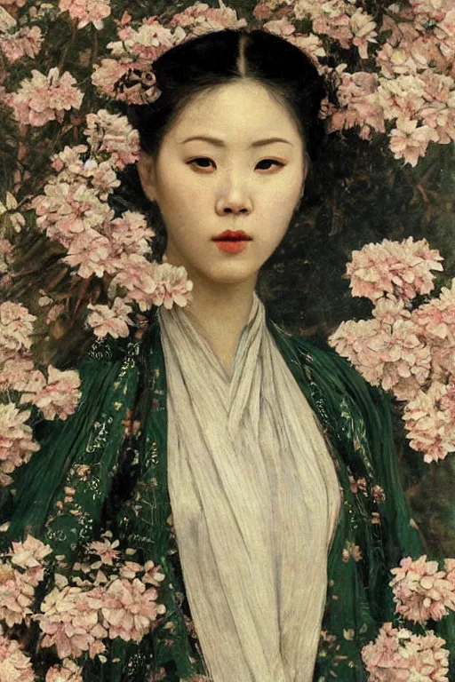 Image similar to close - up fashion asian woman portrait airy flowers sacura cloudy sky art by vasnetsov