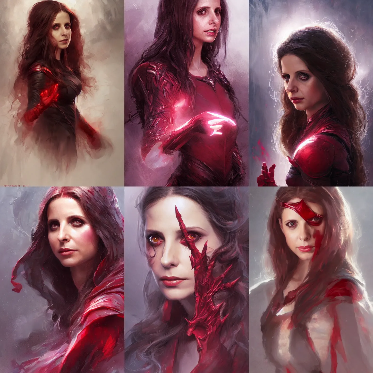 Prompt: Portrait Sarah Michelle Gellar, scarlet witch, dark, intricate, highly detailed, smooth, artstation, digital illustration by Ruan Jia and Mandy Jurgens and Artgerm and Wayne Barlowe and Greg Rutkowski and Frank Frazetta