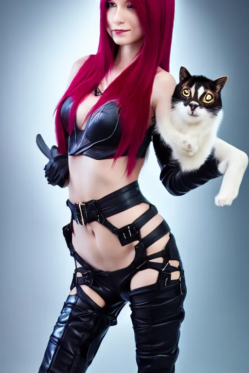 Image similar to Katarina from League of Legends holding a cat, photorealistic full body, studio lighting, white ambient background, highly detailed