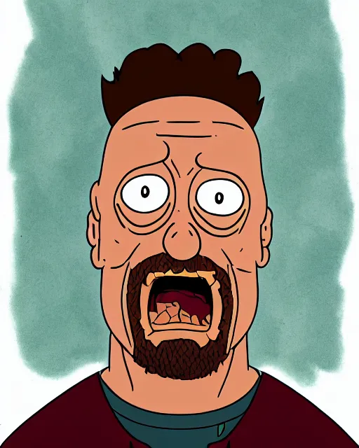 Image similar to portrait of dwayne johnson in the style of justin roiland. ugly, creepy, demonic, horror. cinematic lighting. style of rick & morty. photographic, photography. by justin roiland