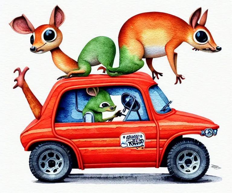 Prompt: cute and funny, chevrotain riding in a tiny hot rod with oversized engine, ratfink style by ed roth, centered award winning watercolor pen illustration, isometric illustration by chihiro iwasaki, edited by range murata, tiny details by artgerm and watercolor girl, symmetrically isometrically centered
