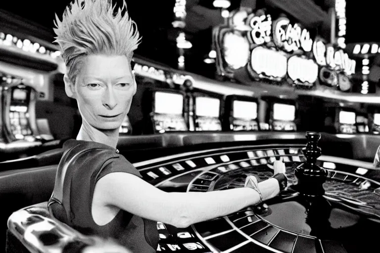 Prompt: Tilda Swinton at a casino in the style of Cowboy Bebop, wide shot