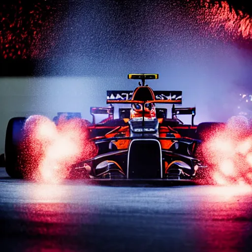 Image similar to close up portrait of max verstappen getting out of a mercedes f 1 car, dramatic shot, great photography, ambient light, night time, fireworks in the background