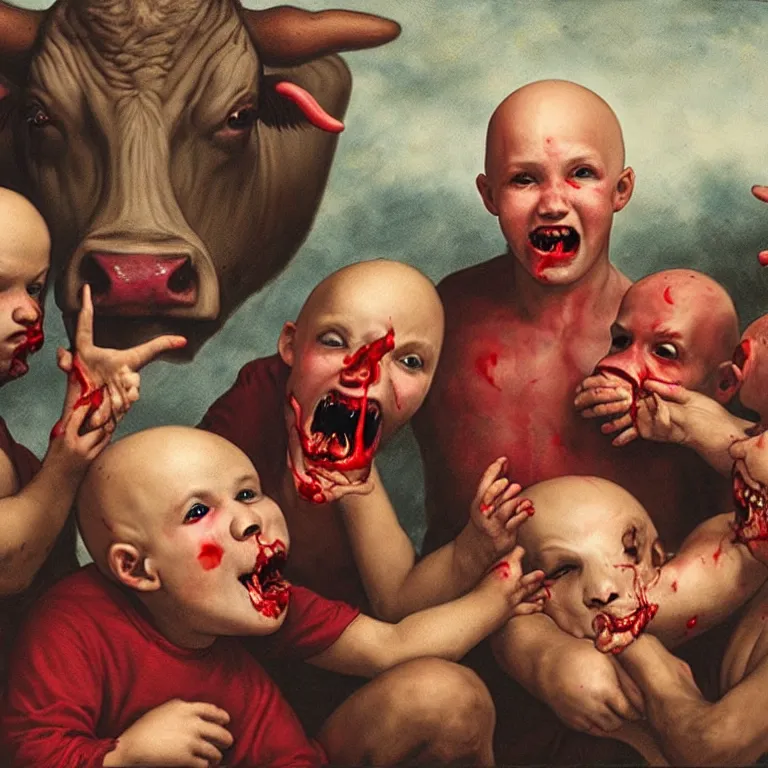 Image similar to bald kid gathering blood from the mouth of a 3 headed demon cow, realistic