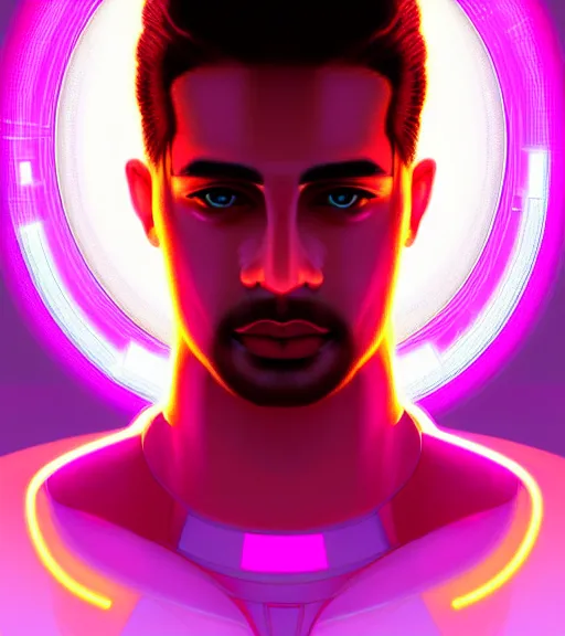 Image similar to symmetry!! indian prince of technology, solid cube of light, hard edges, product render retro - futuristic poster scifi, lasers and neon circuits, brown skin handsome indian prince, intricate, elegant, highly detailed, digital painting, artstation, concept art, smooth, sharp focus, illustration, dreamlike, art by artgerm