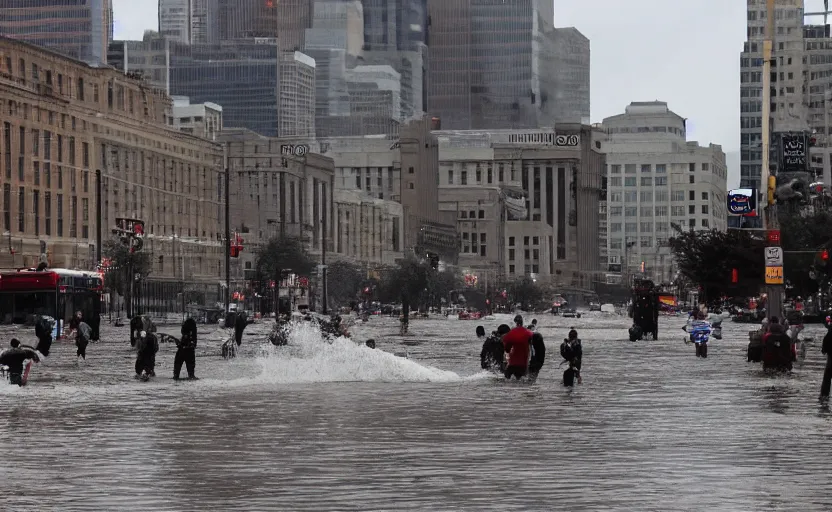 Image similar to the city of philadelphia flooded by 1 0 feet of water and under attack by demons from the pits of hell