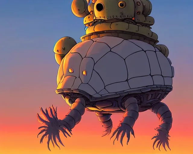 Image similar to a cell shaded cartoon giant grey lovecraftian mechanized turtle from howl's moving castle ( 2 0 0 4 ), with a big head, on a desert road, wide shot, sunset, golden hour, post grunge, concept art by josan gonzales, wlop, by james jean, victor ngai, hq, deviantart, art by artgem