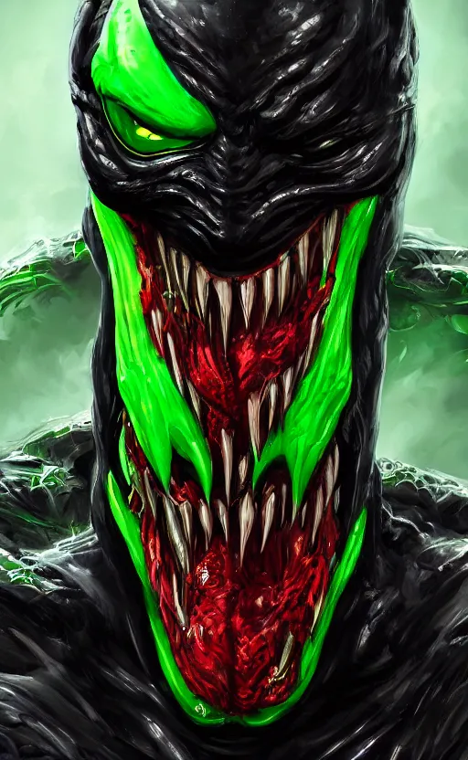 Image similar to portrait of venom as the green goblin, black and red, dynamic lighting, cinematic, ultra detailed, trending on art station, stunning visuals, creative, fantasy concept art