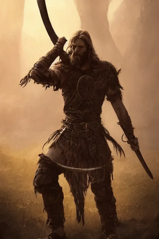 Prompt: aesthetic digital illustration of a defeated viking warrior on his knees by anne stokes, greg rutkowski, and brian belle din | dirty and bloody, concept art, character concept, matte background, golden ratio, rule of thirds, golden hour lighting, unreal engine, finalrender, centered, deviantart, artgerm
