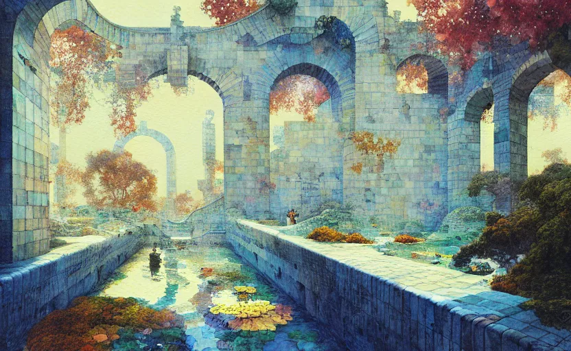 Image similar to tiled room squared waterway, aqueducts, fantasy. intricate, amazing composition, colorful watercolor, by ruan jia, by maxfield parrish, by marc simonetti, by hikari shimoda, by robert hubert, by zhang kechun, illustration, gloomy