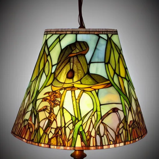 Image similar to beautifully detailed victorian art nouveau mushroom shaped tiffany lampshade, river reeds duckweeds close up abstractb mallard feathers, mucha tiffany kilian eng