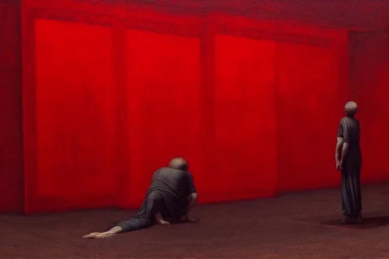 Image similar to only with red, crowd screaming, an exposed painting in a roman theater, in the style of beksinski, parts by edward hopper, parts by rodcenko, parts by yue minjun, intricate and epic composition, red by caravaggio, insanely quality, highly detailed, masterpiece, red light, artstation, 4 k