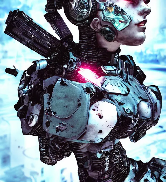 Image similar to hd 3 d rendered graphic novel video game portrait of a cute young cyborg soldier girl complicated synaptic particles angelic deity demon future downtown in ishikawa ken miura kentaro gantz frank miller jim lee alex ross vaporwave technoir style detailed trending award winning on flickr artstation