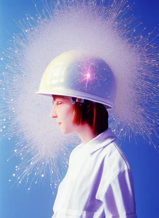 Prompt: realistic photo portrait of a a scientist girl dressed in white shorts, dressed in white plastic spherical helmet hat, particles aura electricity, 1 9 9 0, life magazine photo, natural colors,