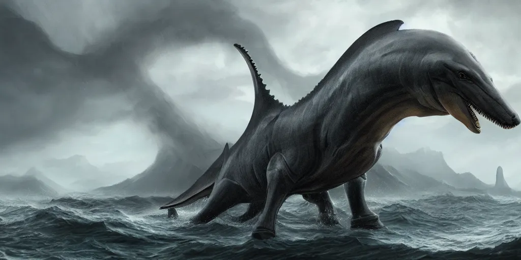 Prompt: a highly detailed matte painting of a new animal inspired by a horse and plesiosaur, ominous, foreboding, dark, trending on artstation,