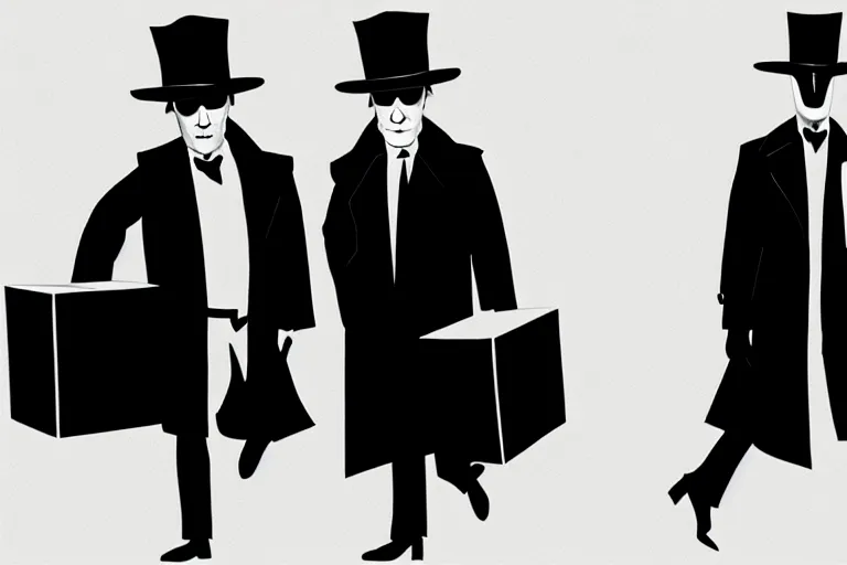 Prompt: poster matte shaded illustration of two donald trumps wearing trench coats and big floppy black spy hats carrying boxes, starring in spy vs spy