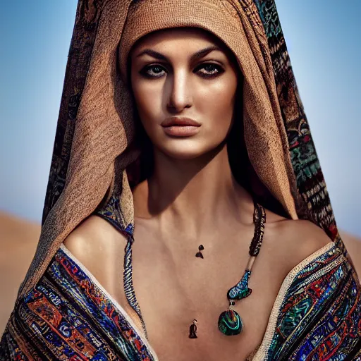 Image similar to portrait of a stunningly beautiful arabic tribal female, depth of field, zeiss lens, detailed, symmetrical, centered, fashion photoshoot, by Annie Leibovitz and Steve McCurry, David Lazar, Jimmy Nelsson, Breathtaking, 8k resolution, extremely detailed, beautiful, establishing shot, artistic, hyperrealistic, beautiful face, octane render