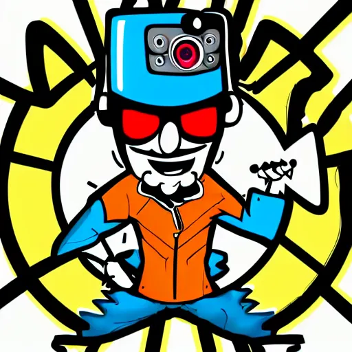 Image similar to svg vector sticker of absolutely insane-mad-scientist-villain, rocking out, wearing headphones, huge speakers, dancing, rave, DJ, spinning records, digital art, amazing composition, rule-of-thirds, award-winning, trending on artstation, featured on deviantart