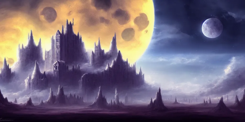 Prompt: a big brick castle surrounded by moons, matte oil painting, cumulus clouds, impact craters, fantasy, concept art, clear, crisp, sharp, extremely detailed, wallpaper