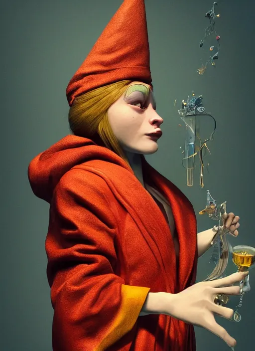 Image similar to an anthropomorphic beautiful female scientist portrait blowing a bong wearing colourful robe, fine art, wizard hat, award winning, intricate, elegant, sharp focus, octane render, hyperrealistic, wizard hat cinematic lighting, highly detailed, digital painting, 8 k concept art, art by jamie hewlett and z. w. gu, masterpiece, trending on artstation, 8 k