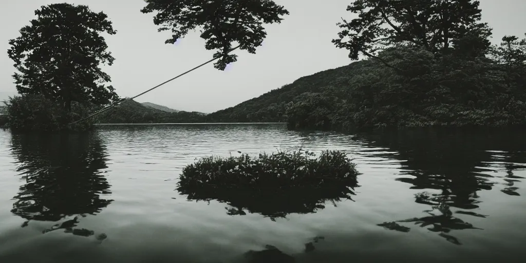 Image similar to an infinitely long rope floating to surface of water snaking zig zag in the center of the lake, overcast lake, 2 4 mm leica anamorphic lens, moody scene, stunning composition, hyper detailed, color kodak film stock