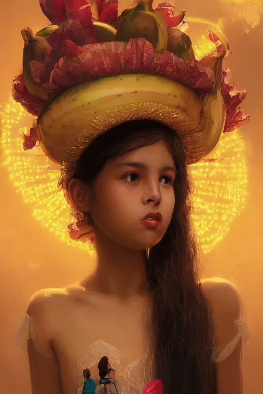 Image similar to portrait of mexican girl with a banana fruit skirt, staring directly into camera, intricate, elegant, glowing lights, highly detailed, digital painting, artstation, sharp focus, illustration, art by wlop, mars ravelo and greg rutkowski