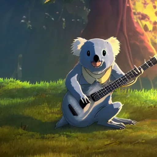 Prompt: Koala playing a guitar, by Miyazaki Nausicaa Ghibli, breath of the wild style, epic composition Trending on Artstation, octane render, Insanely Detailed, 8k, HD