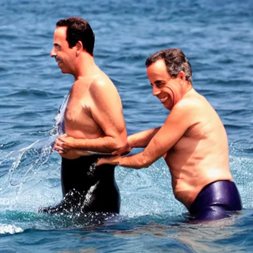 Image similar to jerry seinfeld swimming with a dolphin