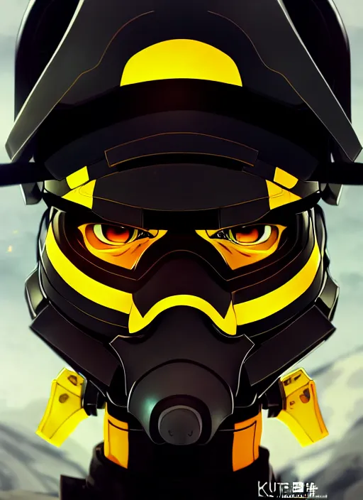 Image similar to anime portrait of a vicious helldiver scout soldier, black armor with yellow accents, closeup on face, ilya kuvshinov, anime, pixiv top monthly, trending on artstation, cinematic, danbooru, zerochan art, kyoto animation