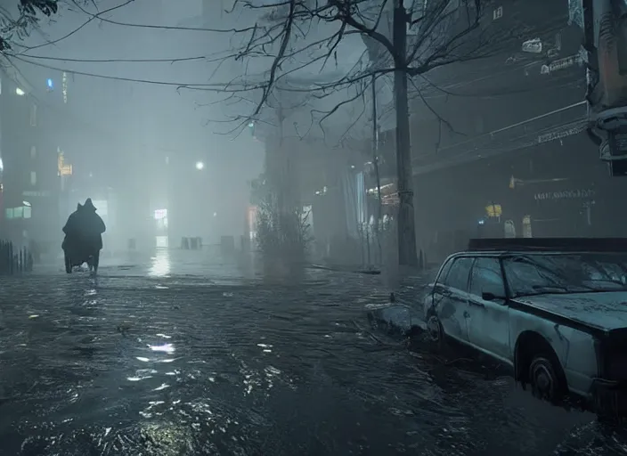 Image similar to dark, misty, foggy, flooded chicago city street, swamp and grunge in destiny 2, liminal creepy, dark, dystopian, abandoned highly detailed 4 k in - game destiny 2 gameplay showcase