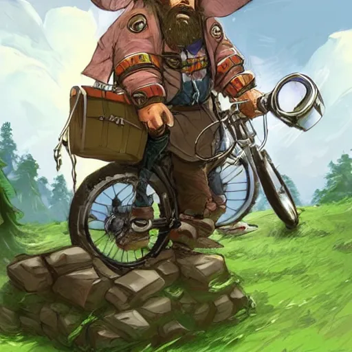 Image similar to a bearded and long haired bicycle food delivery worker with a green bag on his back in ireland, he has boots, hearthstone art style, epic fantasy style art by kim jung gi, fantasy epic digital art