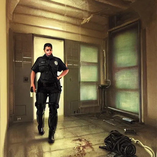 Image similar to kim kardashian as a cop, police uniform, full body view, full pov, haunted house interior, pretty, aesthetic, dust molecules, matte detailed photo, DeviantArt, Artstation, by donato giancola, ralph horley, loish, cinematic lighting