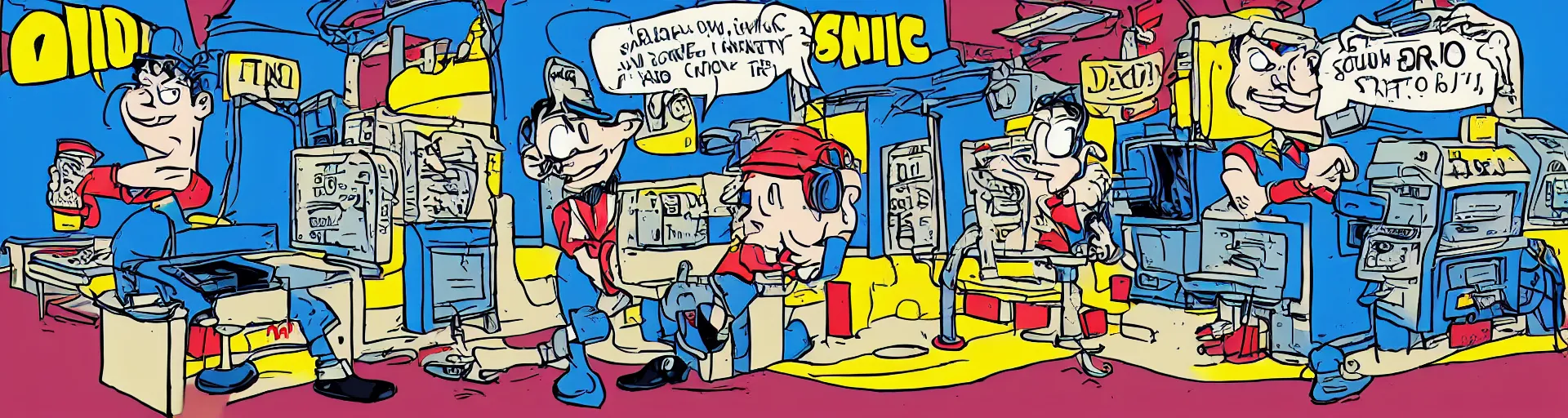 Prompt: Tim Dillon working at Sonic because he lost all of his money leverage trading bitcoin, mike judge art style, 90s mtv illustration