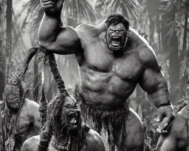 Image similar to hyper realistic group vintage photograph of a live action warcraft orc warrior tribe in the jungle, tall, hulk like physique, detailed faces, tribal paint, tribal armor, grain, old, monochrome, sepia toned, realistic lighting, wide angle