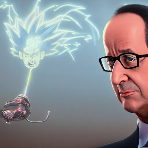 Image similar to François hollande with super saiyan hair charging up for a kamehameha, artstation, octane render, highly detailed