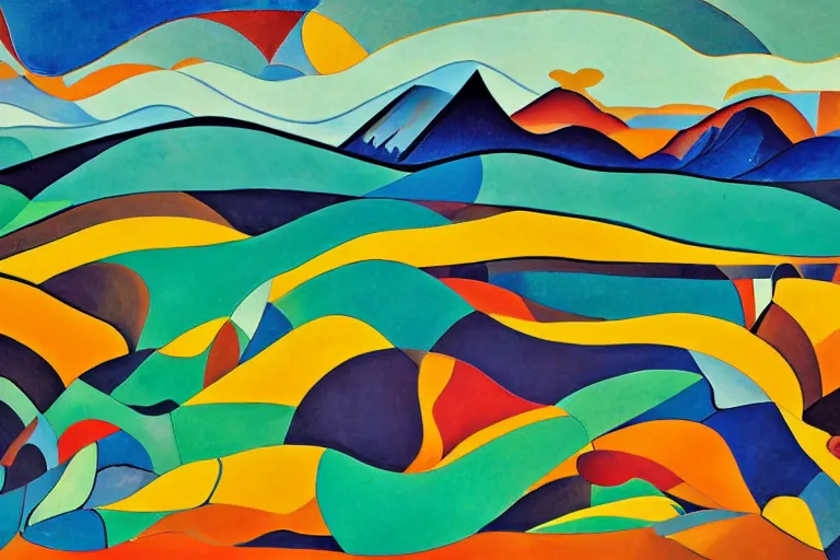 Prompt: A modernist landscape painting. Wild energy patterns rippling in all directions. Curves, zig-zags. Organic. Mountains. Clouds. Vegetation. Rushing water. Waves. LSD. Fauvism.