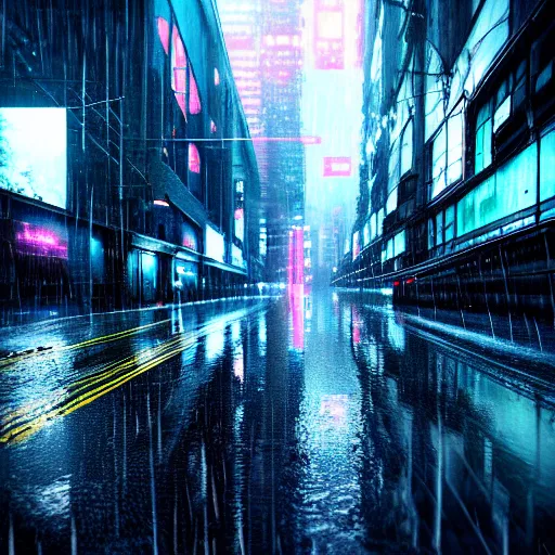 Image similar to 8 k artstation photograph rainy city cracked and crumbling into the ocean with scifi cyberpunk aesthetic hyper realistic