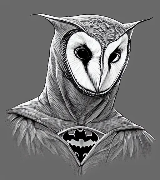 Prompt: portrait a new hero barn owl based, batman syle, barn owl symbol in chest, barn owl mask, by yusuke murata and masakazu katsura, artstation, highly - detailed, cgsociety, pencile and ink, city in the background, dark colors, intricate details