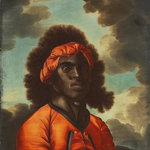 Prompt: photograph of a black man with afro hair wearing an army green adidas jacket, riding!! an orange colored detailed anatomically correct bull!!, renaissance style painting