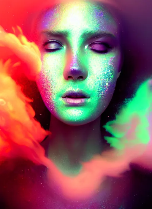 Image similar to an ethereal, misty portrait of a woman whose face is covered with glowing makeup. the makeup is iridescent and neon - toned. the makeup floats off her face and joins swirling clouds of smoke and fog. surreal portrait, concept art, cinematic lighting, 8 k, sharp focus, digital painting, rendered in octane, painted by tom bagshaw, artgerm