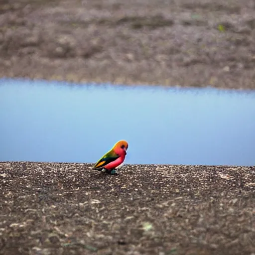 Prompt: lovebird sitting at shore, reflective, sunny day, landscape photography, nature