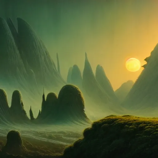 Image similar to a beautiful matte painting of an alien landscape of lush and mystical flora, remnants of a crashed spaceship, alien creatures emerging, sunrise, by Giger and Ralph McQuarrie and Bruce Pennington, cinematic lighting, ambient light, hyperrealism, hires, octane render, 8k, iridescent accents, vray