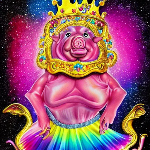 Image similar to lisa frank dancing pig wearing a gold crown painting by android jones