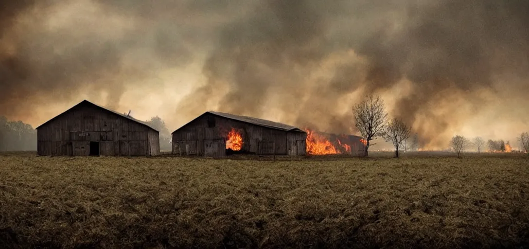 Image similar to full portrait of a desolate farm::forest behind the barn is on fire:: smoke, flames, dark, gloomy, horror, screaming:: insanely detailed, photorealistic::