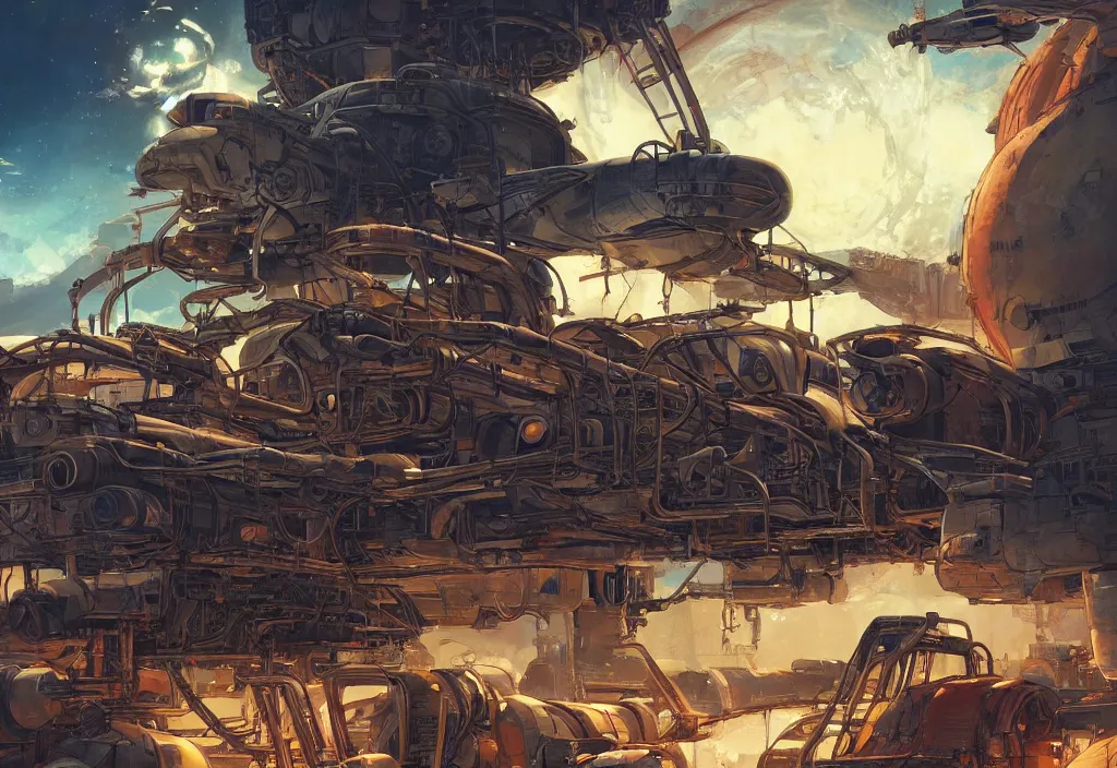 Image similar to old rusting cargo space ship, rusty work spaceship with bolted on upgrades and a glowing engine in deep space illustrated by greg tocchini, jesper ejsing and makoto shinkai