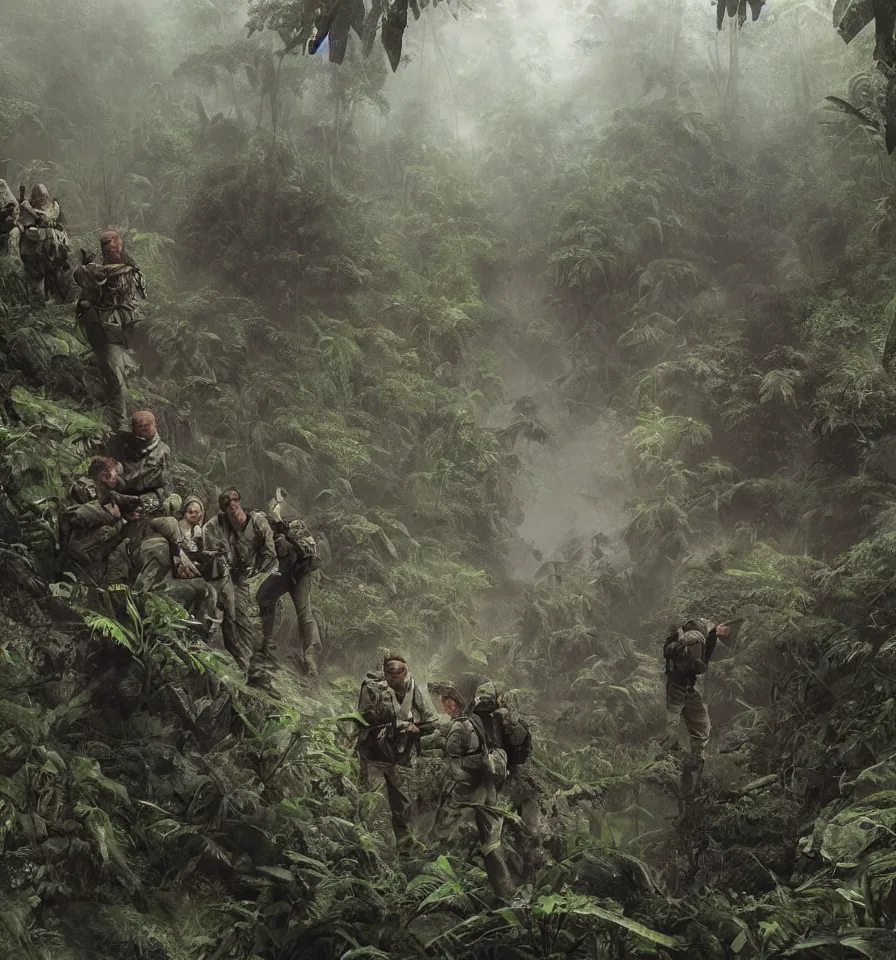 Image similar to A picture of a special forces team consisting of Mel Gibson, Tuesday Weld, James Caan, Don Johnson, Dieter Meier and Rebecca de Mornay professionally working together to find out a way of a dense and foggy rainforest. A detailed and realistic Illustration made by Greg Rutkowski, Peter Elson, Bruce Pennington and Michael Whelan using state of the art painting equipment.