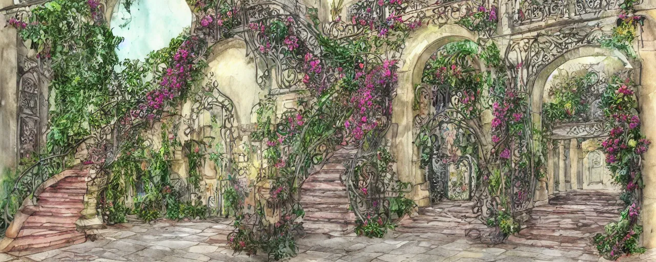 Prompt: courtyard walkway, inflatabel fountain, castle, stairway, chairs, wrought iron, gate, botanic garden, botanical herbarium paper, watercolor colored painting, iridescent colors, realistic shaded, fine, artstation, italian style, colonnade ornate headdress, craving, carved, insanely detailed